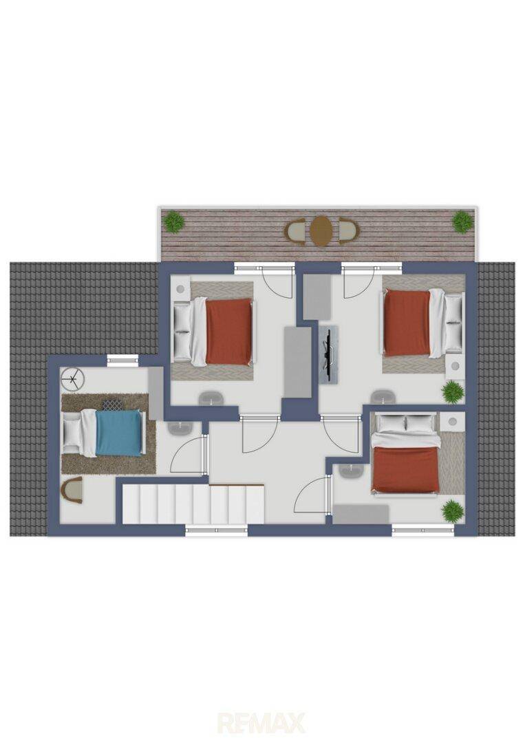 Grundriss des Dachgeschosses mit drei Schlafzimmern und einer Dachterrasse.