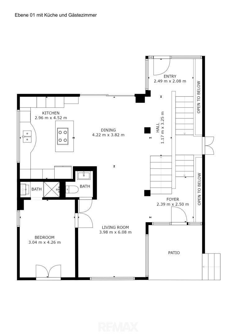 Grundriss der ersten Ebene mit Küche, Essbereich, Wohnzimmer, Schlafzimmer und Terrasse.