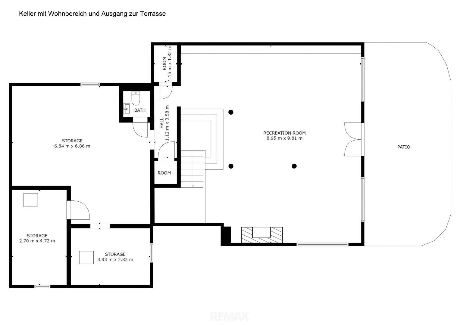 Grundriss des Kellers mit Abstellräumen, Bad, Freizeitraum und Ausgang zur Terrasse.