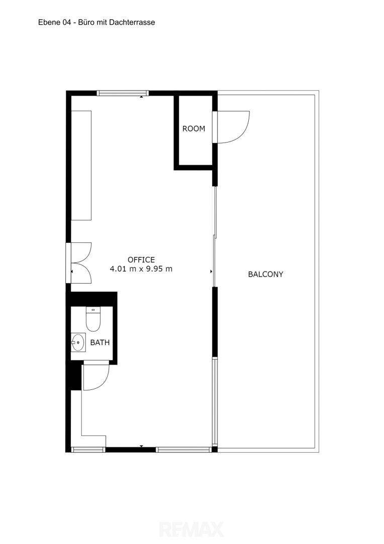 Grundriss der vierten Ebene mit Büro, einem Zimmer und Zugang zu einem Balkon.