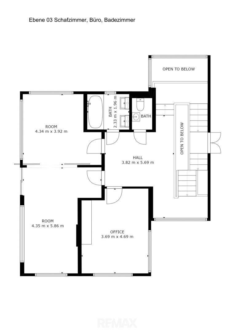 Grundriss der dritten Ebene mit zwei Zimmern, Büro und einem weiteren Badezimmer.