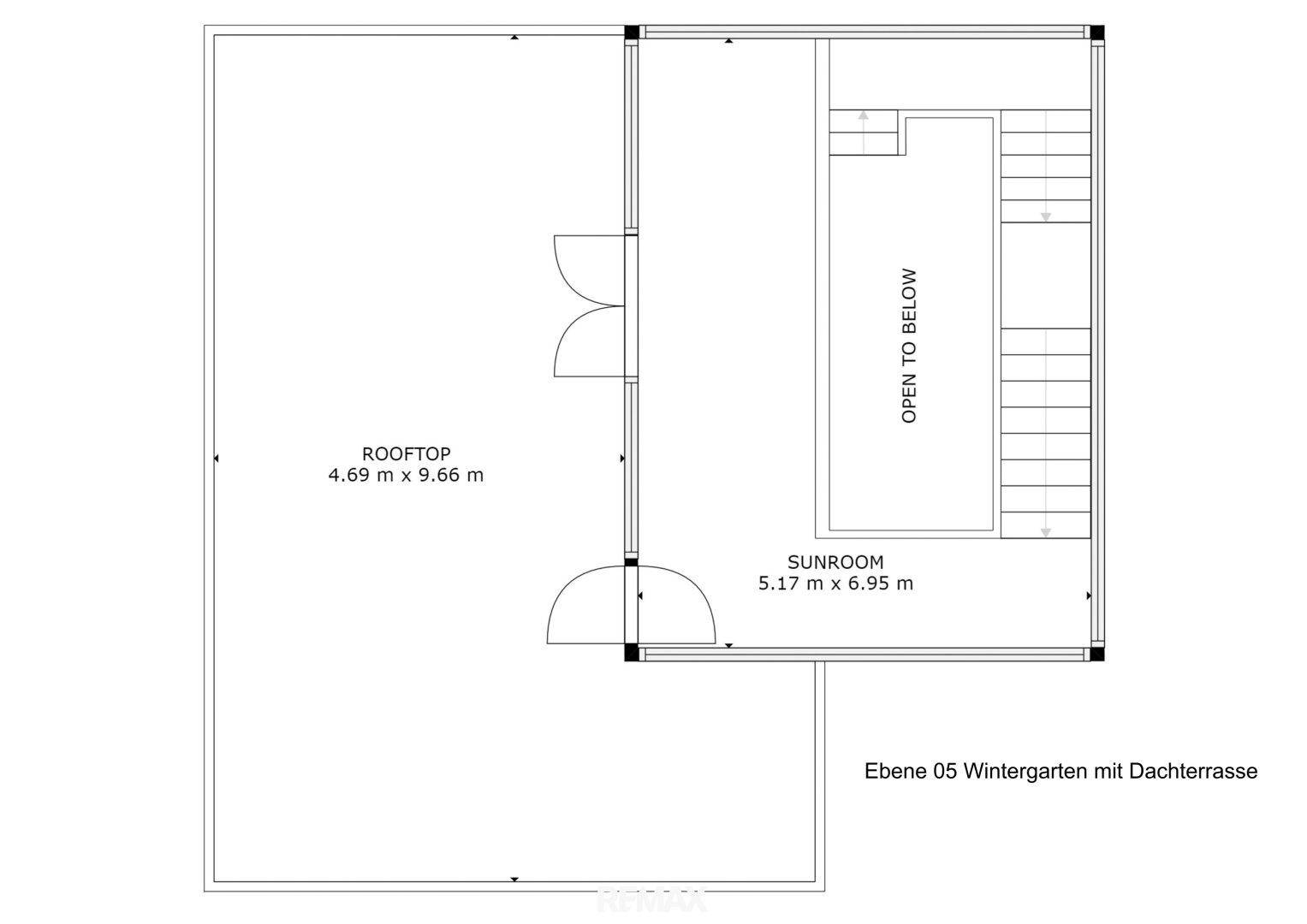 Grundriss der fünften Ebene mit Wintergarten und angrenzender Dachterrasse.