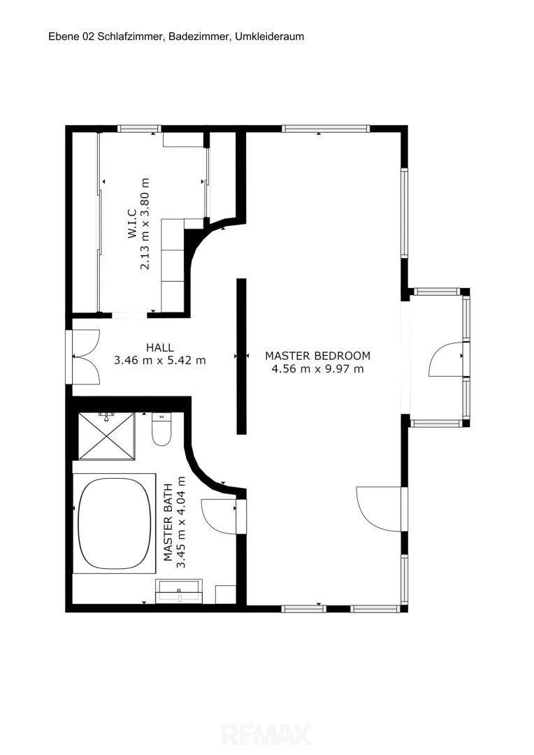 Grundriss der zweiten Ebene mit Hauptschlafzimmer, großem Bad und begehbarem Kleiderschrank.