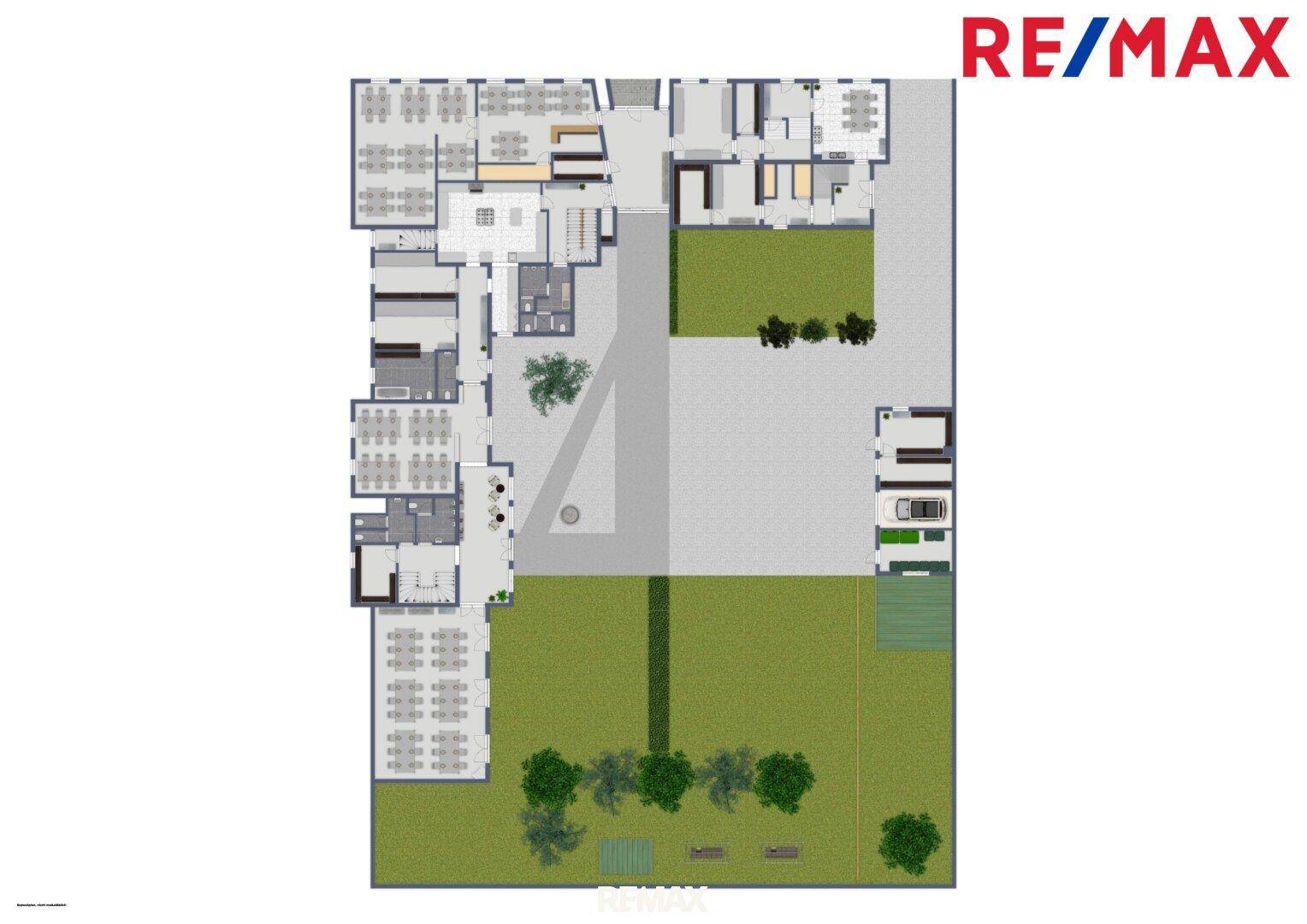 Detaillierter Grundriss des Erdgeschosses mit Außenbereichen und Parkplätzen.