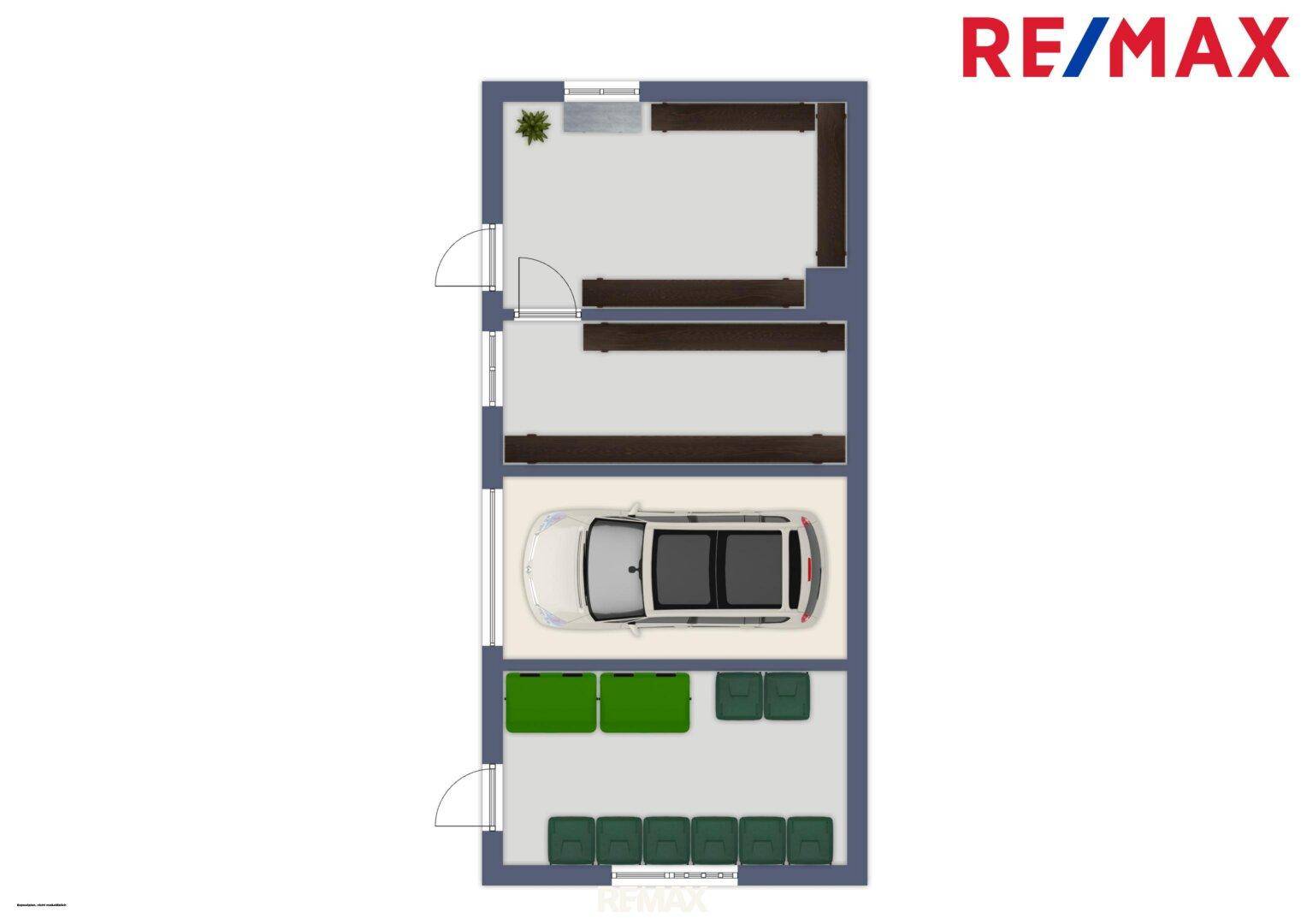 Grundriss einer Garage mit Parkplatz und zusätzlichen Abstellflächen.