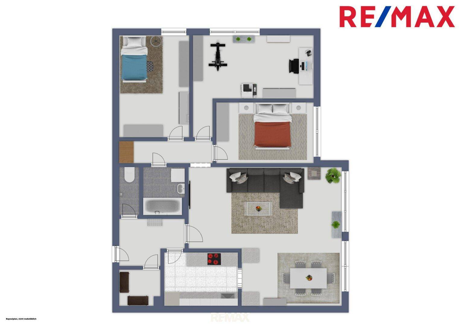 Farbiger Grundriss einer Wohnung mit drei Schlafzimmern, offenem Wohnbereich und Balkon.