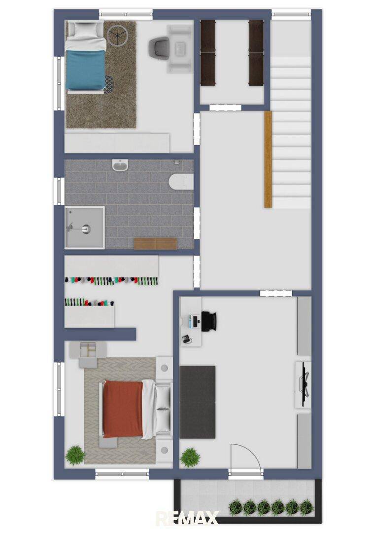 Visualisierter Grundriss des Obergeschosses mit Schlafzimmern und Bädern.