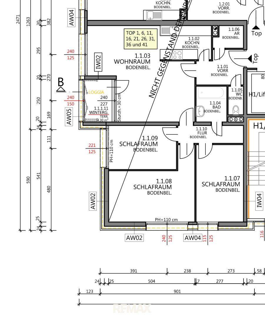 Detaillierter Grundrissausschnitt mit Maßen, Loggia und mehreren Schlafzimmern.