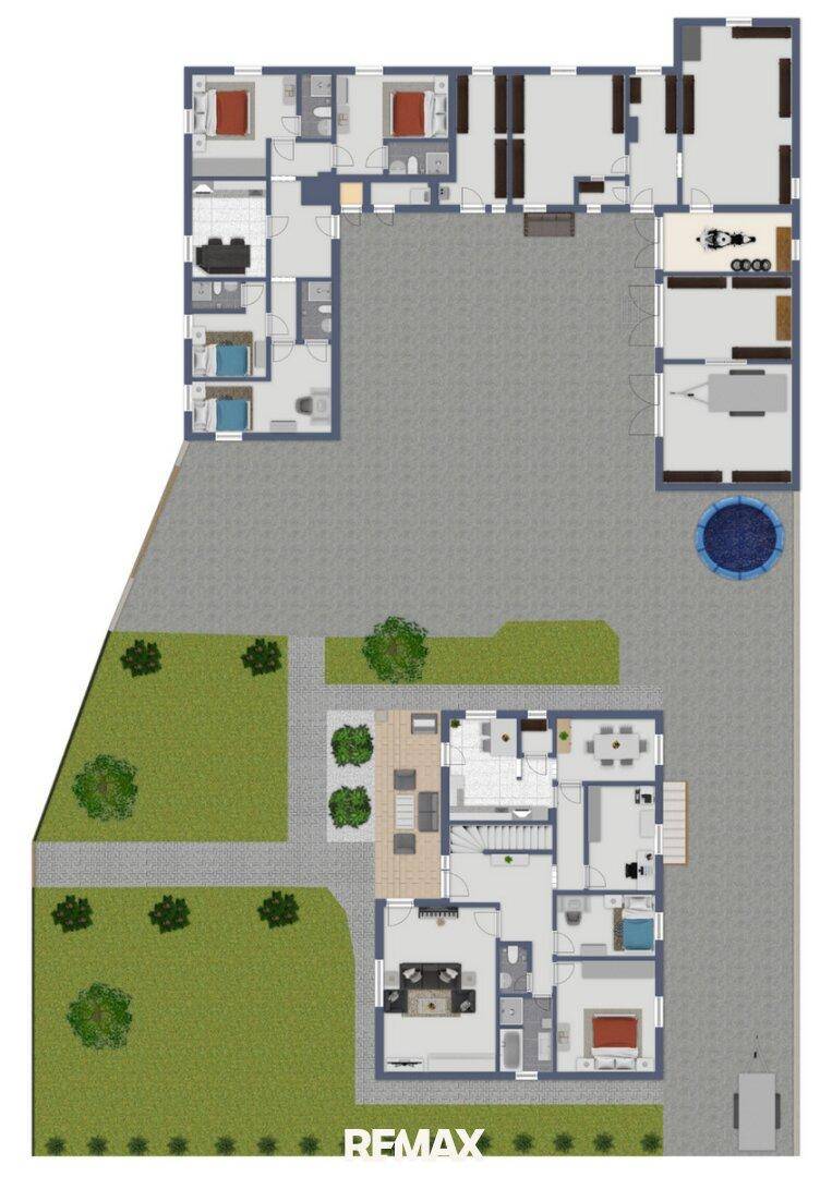 Umfassender Grundrissplan eines Anwesens mit mehreren Gebäuden, Innenhof, Pool und Gartenbereichen.