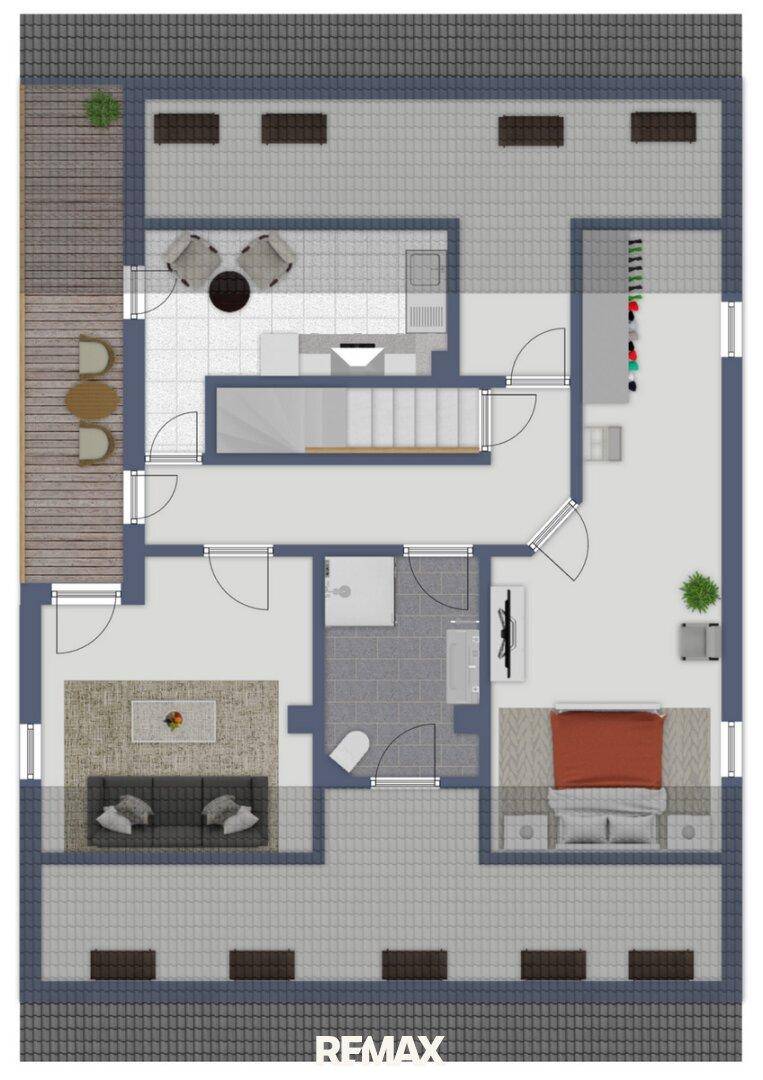 Grundrissplan eines Stockwerks mit Wohnzimmer, Schlafzimmer, Bad und großer Terrasse.