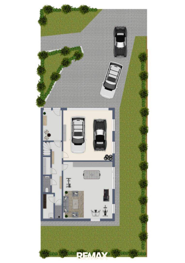 Grundriss des Erdgeschosses mit Garage, Wohnbereich und Außenanlagen.