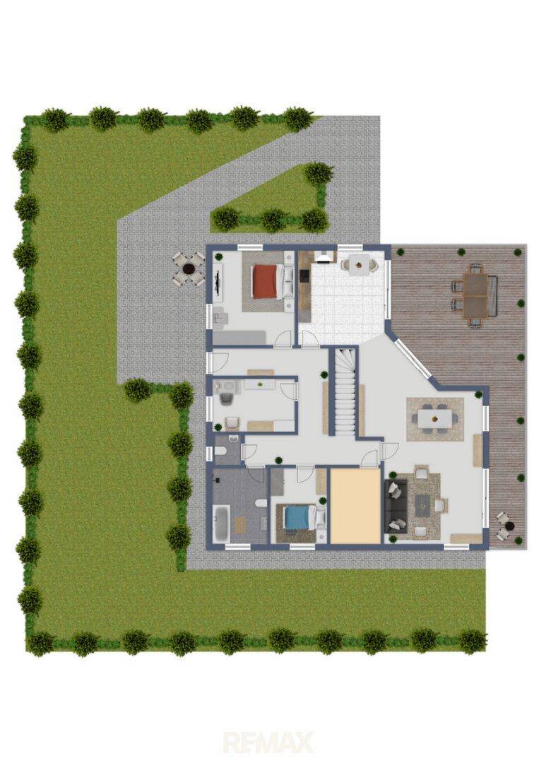 Grundriss des Obergeschosses mit Schlafzimmern, Bädern und großer Terrasse.