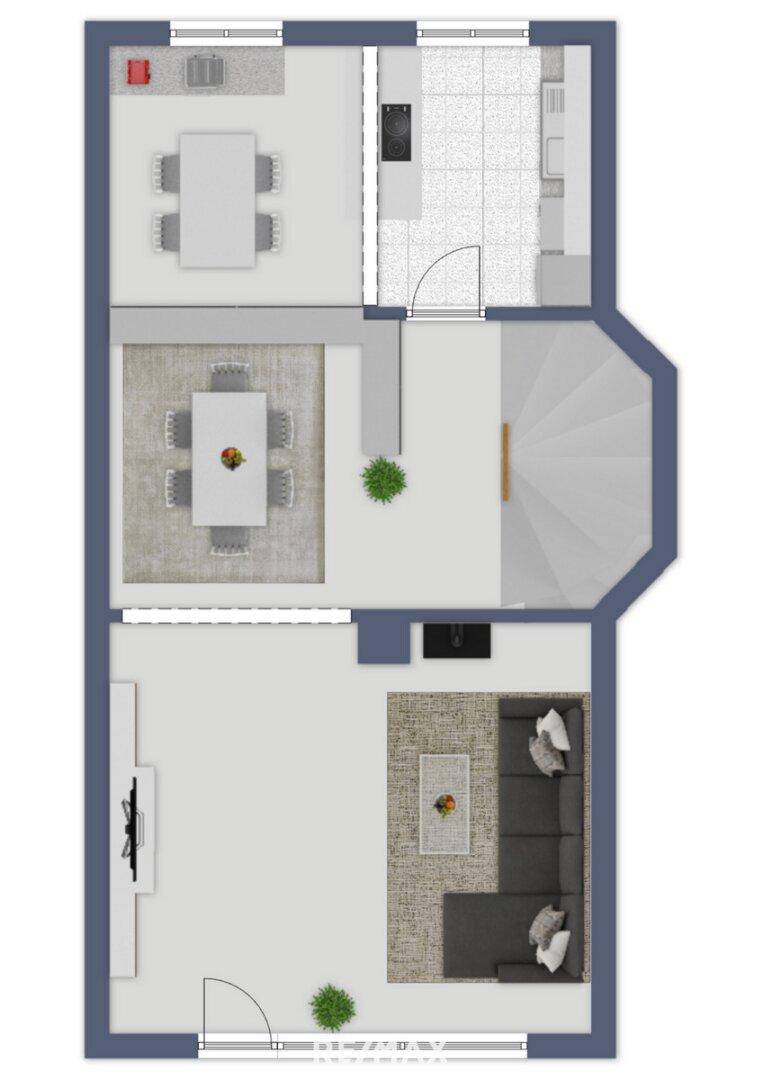 Grundriss des Erdgeschosses mit Küche, Essbereich und Wohnzimmer.