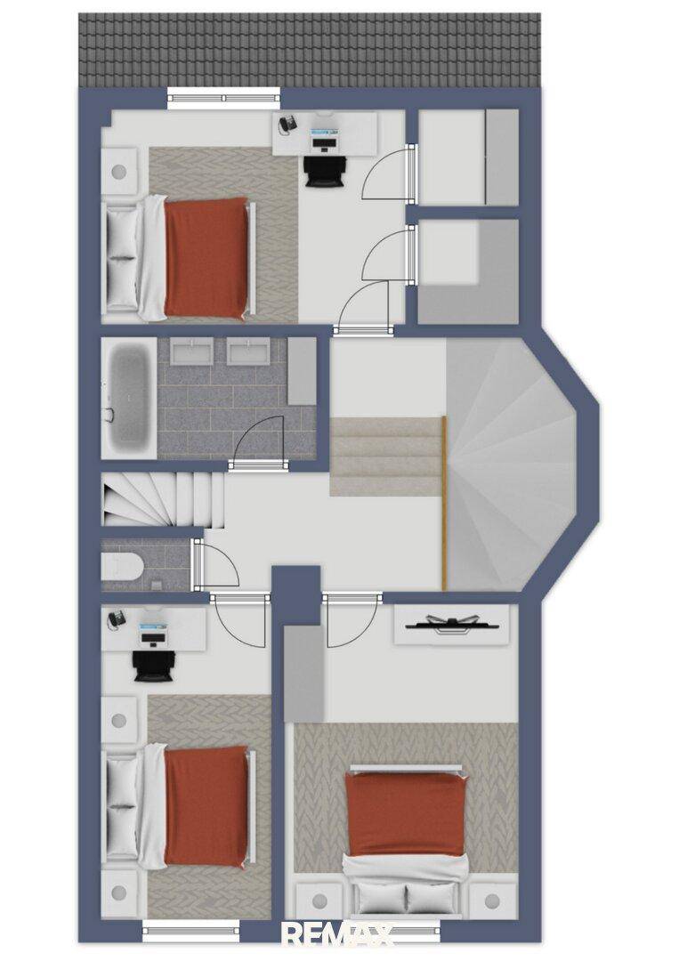 Grundriss des Dachgeschosses mit mehreren Schlafzimmern und einem Badezimmer.