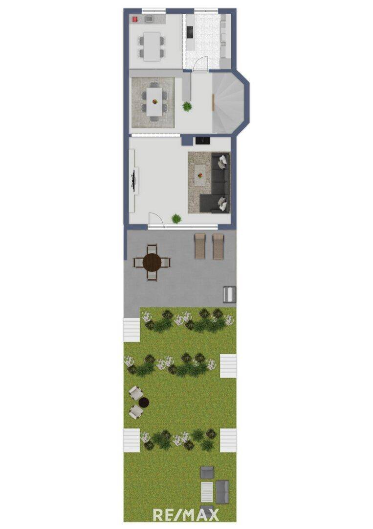 Grundriss des Erdgeschosses mit Wohnzimmer, Essbereich, Küche und großer Terrasse.