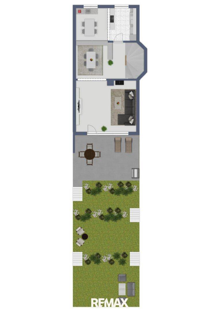 Grundriss des Erdgeschosses mit offenem Wohnbereich, Küche, Esszimmer und Zugang zum Garten.