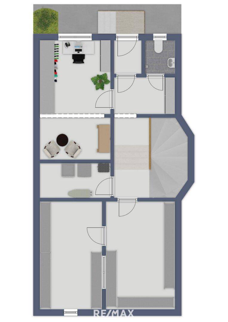 Grundrissplan zeigt eine Etage mit Büro, Gäste-WC, Wendeltreppe und Zugang zu einem kleinen Balkon.