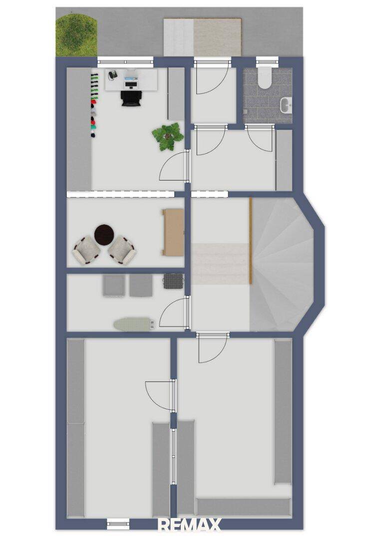 Grundriss des Obergeschosses mit Schlafzimmern, Büro und Badezimmer, gut aufgeteilt.