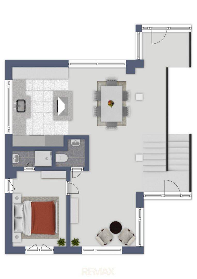 Visualisierter Grundriss mit offener Küche, Essbereich, Schlafzimmer und Wohnzimmer.