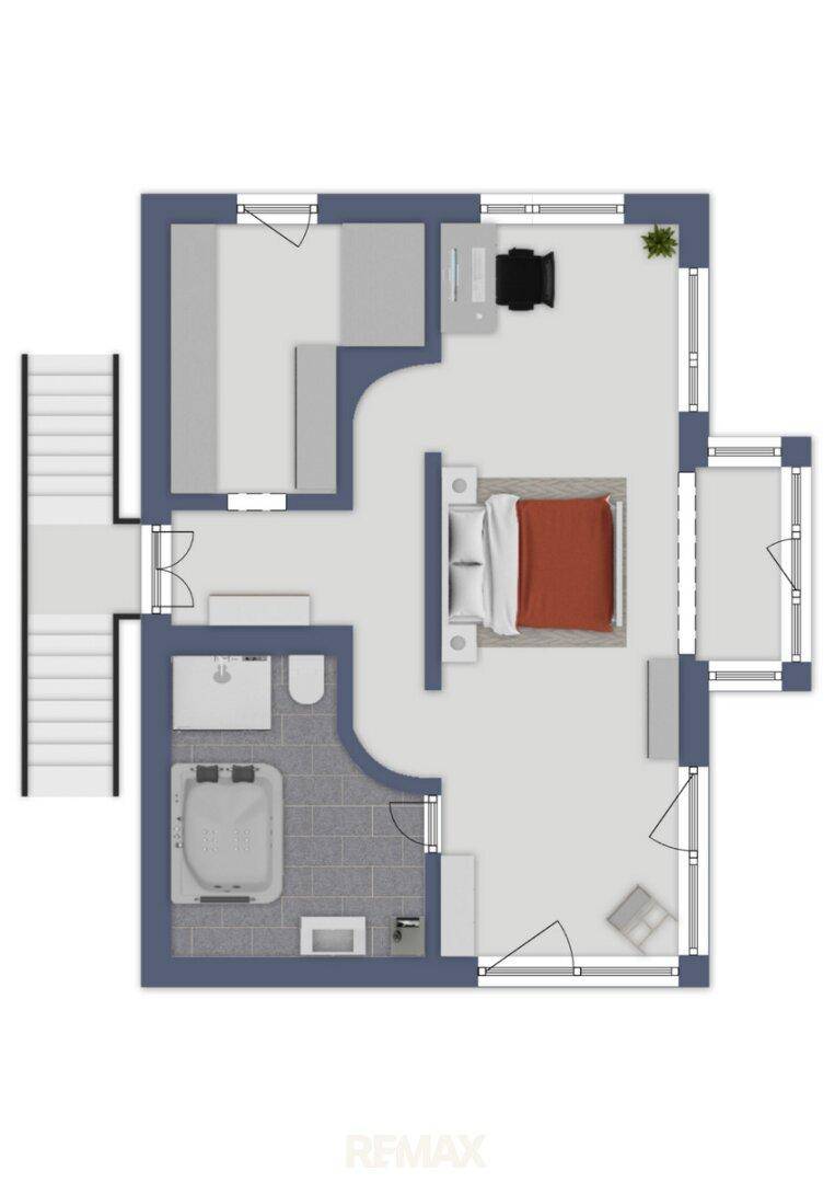 Visualisierter Grundriss mit Hauptschlafzimmer, begehbarem Kleiderschrank und Bad mit Whirlpool.