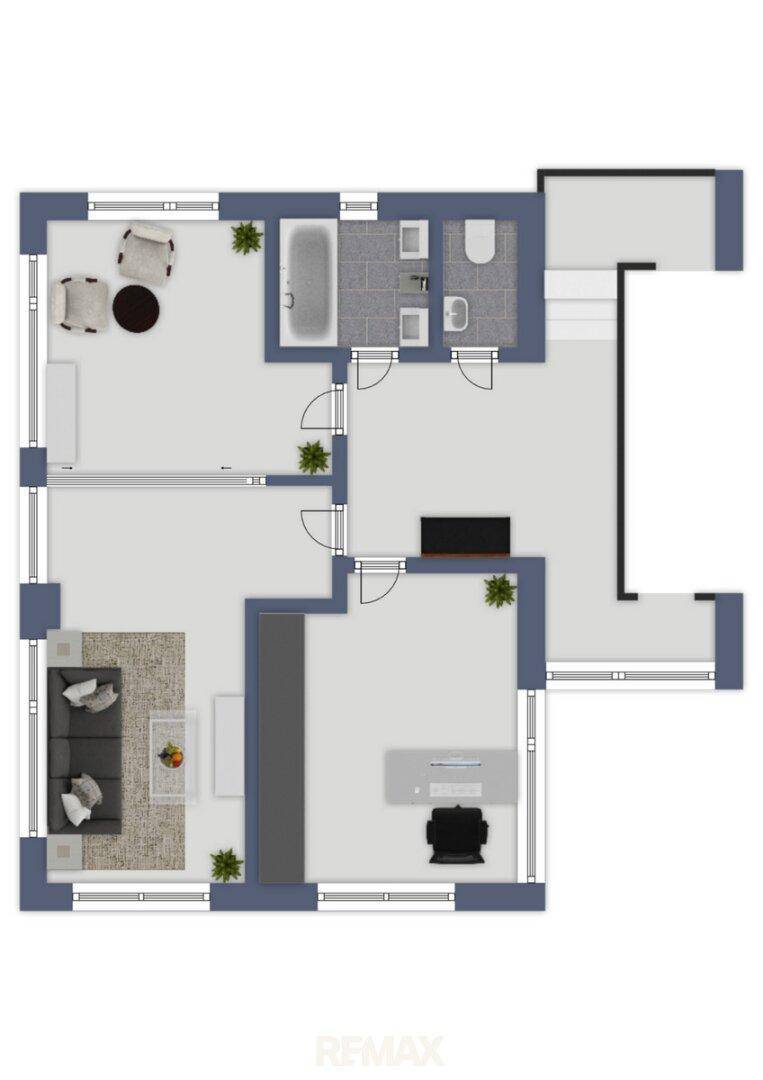 Visualisierter Grundriss mit Wohnzimmer, Büro und einem Badezimmer.