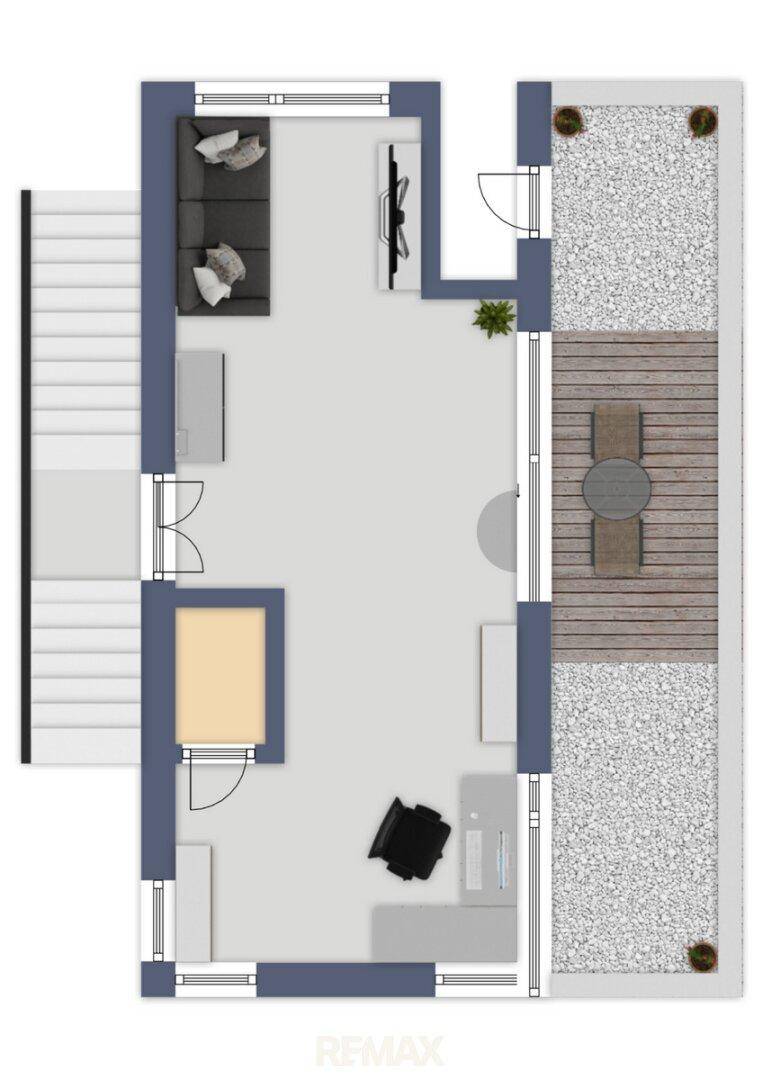 Visualisierter Grundriss mit Büro, Wohnbereich und angrenzendem Balkon oder Terrasse.