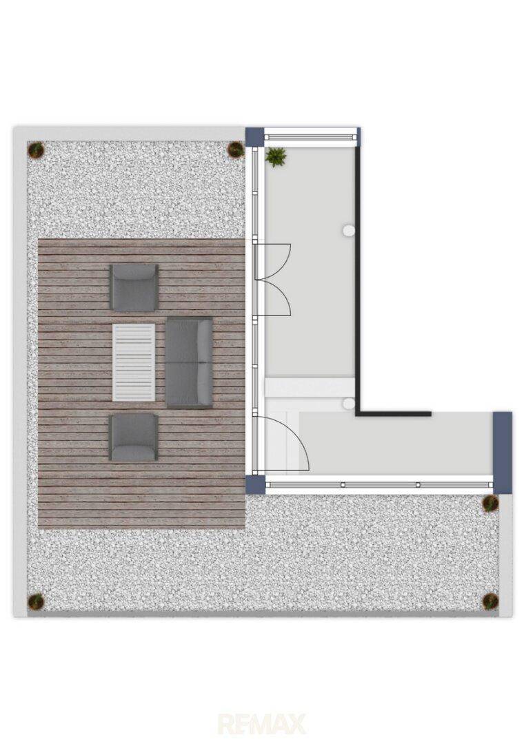 Visualisierter Grundriss mit Wintergarten und weitläufiger Dachterrasse.