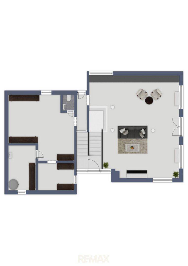 Visualisierter Grundriss mit möbliertem Wohnbereich und weiteren Räumen.