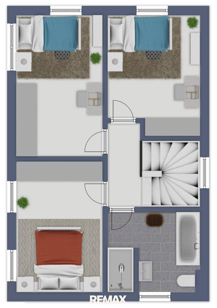 Grundriss des Obergeschosses mit drei Schlafzimmern und einem Badezimmer.