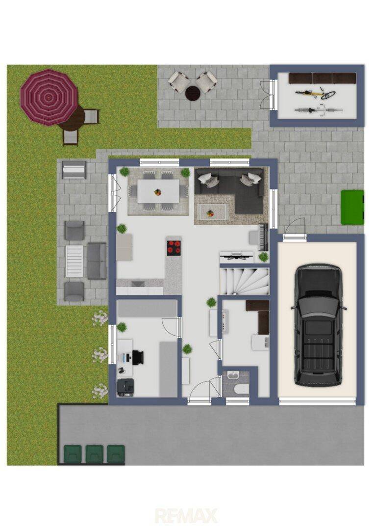 Grundriss des Erdgeschosses mit offenem Wohnbereich, Küche, Büro und integrierter Garage.