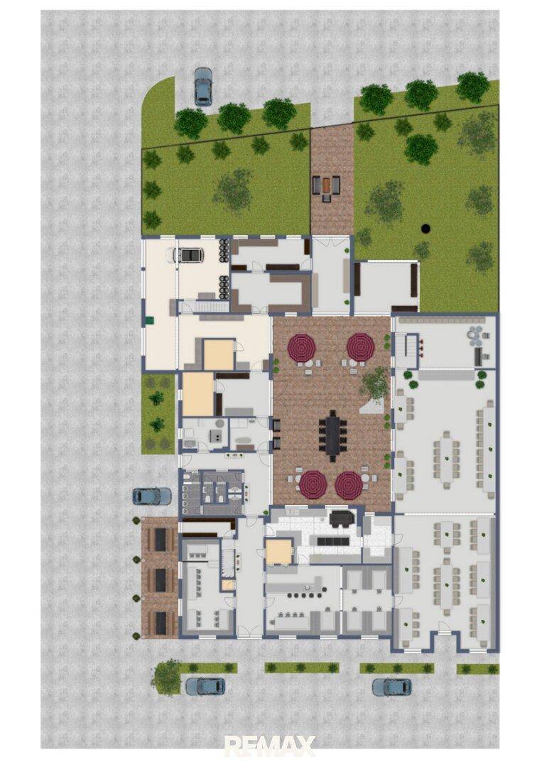 Detaillierter Grundriss des Erdgeschosses mit Innenhof, Gastronomiebereichen und Außenanlagen.