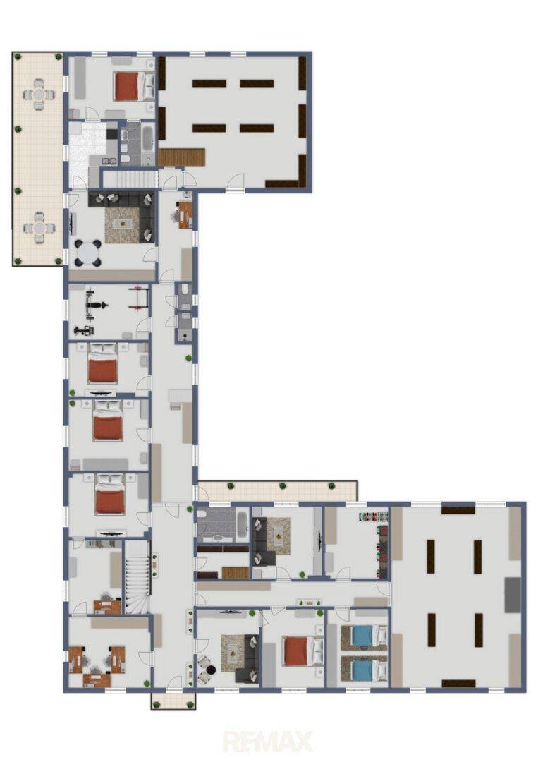 Grundriss des Obergeschosses mit mehreren Schlafzimmern, Bädern und einem Balkon.