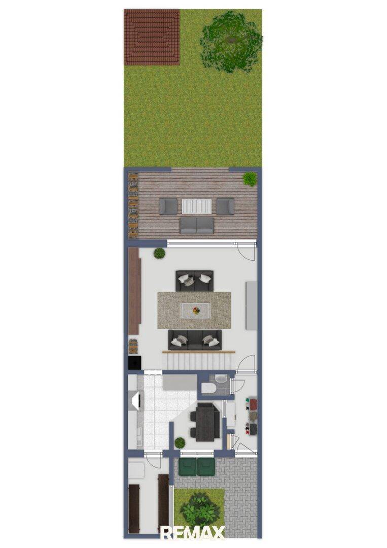 Grundriss des Erdgeschosses mit Terrasse, Garten und offenem Wohnbereich.