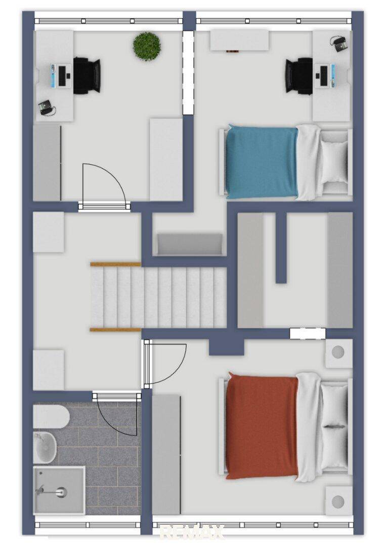 Grundriss des Obergeschosses mit drei Schlafzimmern und einem Badezimmer.