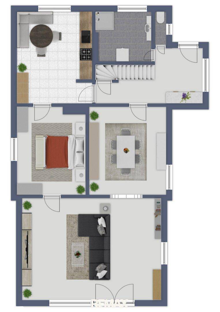 Grundriss des Erdgeschosses mit Wohnzimmer, Essbereich, Küche und Schlafzimmer.