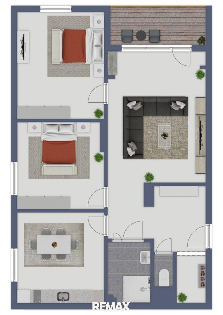 Digitaler Grundriss einer Wohnung mit zwei Schlafzimmern, offenem Wohnbereich und Terrasse.