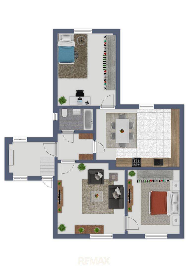 Grundriss der Hauptebene mit zwei Schlafzimmern, Bad, Küche und offenem Wohnbereich.