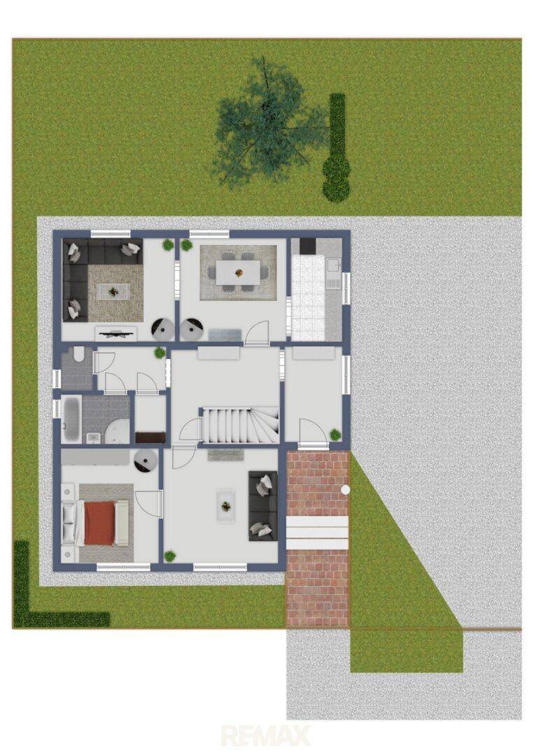 Grundriss des Erdgeschosses mit Wohnbereichen, Schlafzimmer, Bad, Gäste-WC und Gartenzugang.