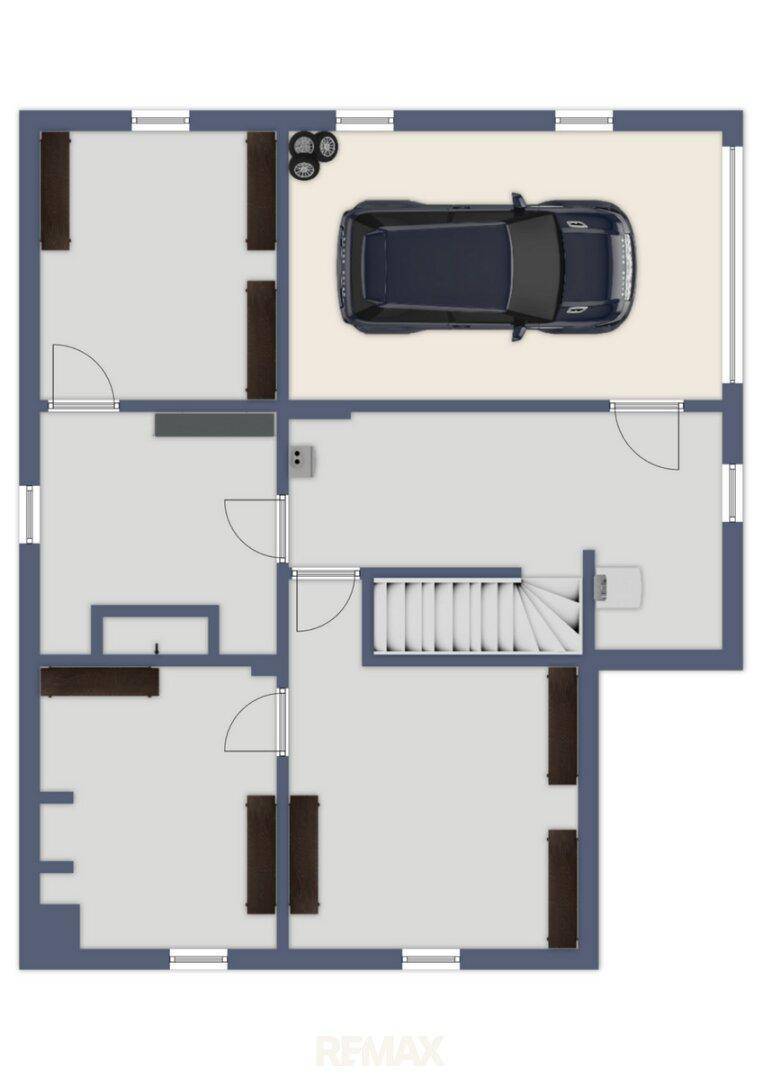 Grundriss des Erdgeschosses mit integrierter Garage, Stellplatz und Treppenaufgang.