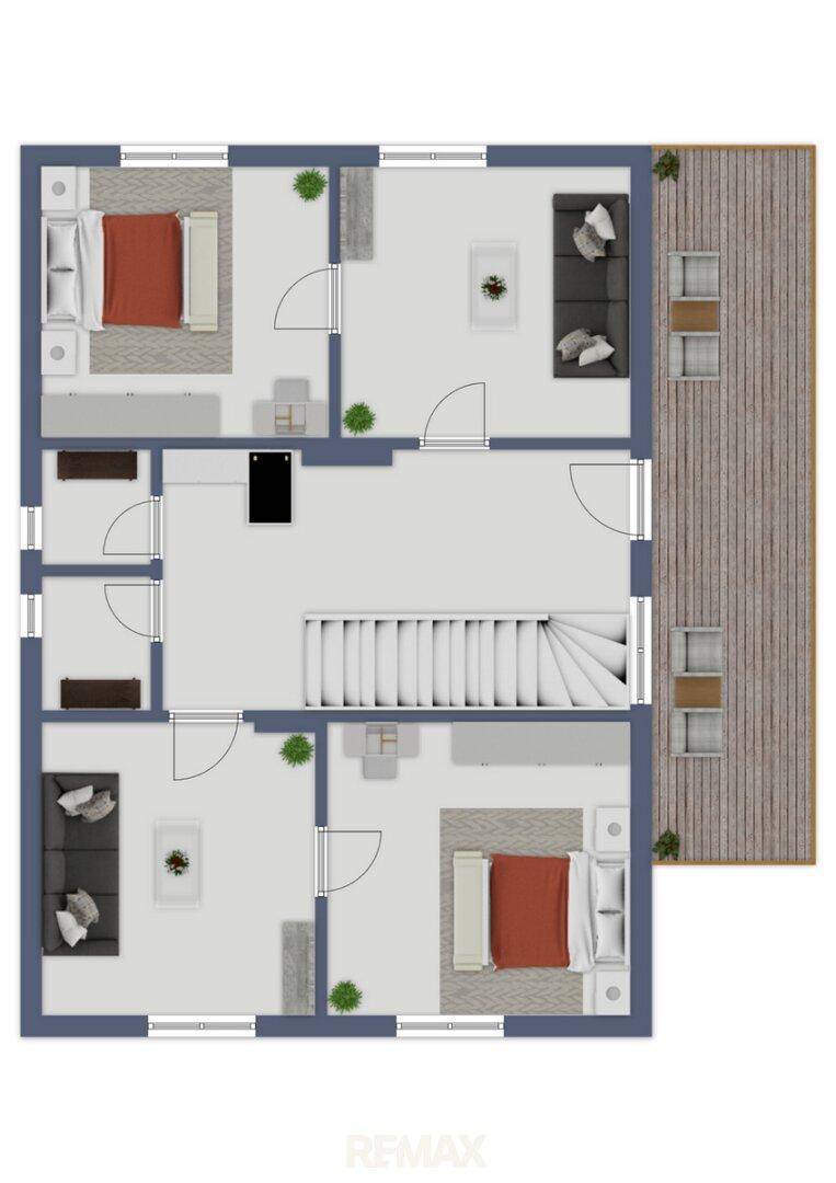 Grundriss des Obergeschosses mit mehreren Schlafzimmern, Wohnbereichen und großem Balkon.