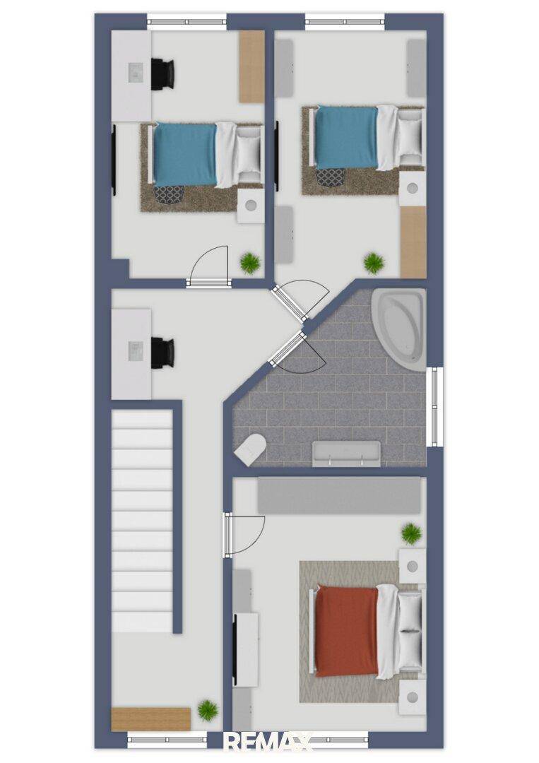 Grundriss des Obergeschosses mit mehreren Schlafzimmern und einem Badezimmer.