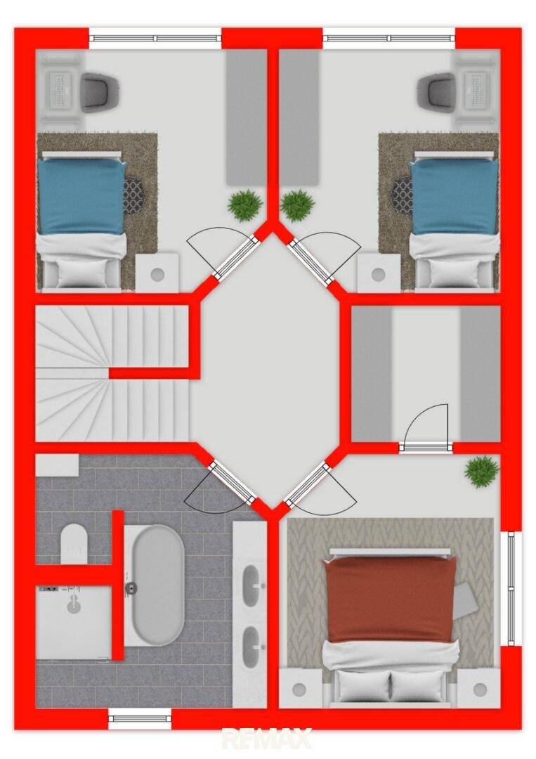 Grundriss des Obergeschosses mit drei Schlafzimmern und einem Badezimmer.