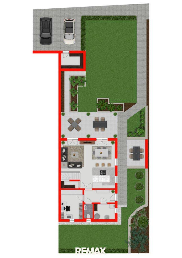 Grundriss des Erdgeschosses mit offenem Wohnbereich, Küche, WC und Zugang zu Terrasse und Garten.