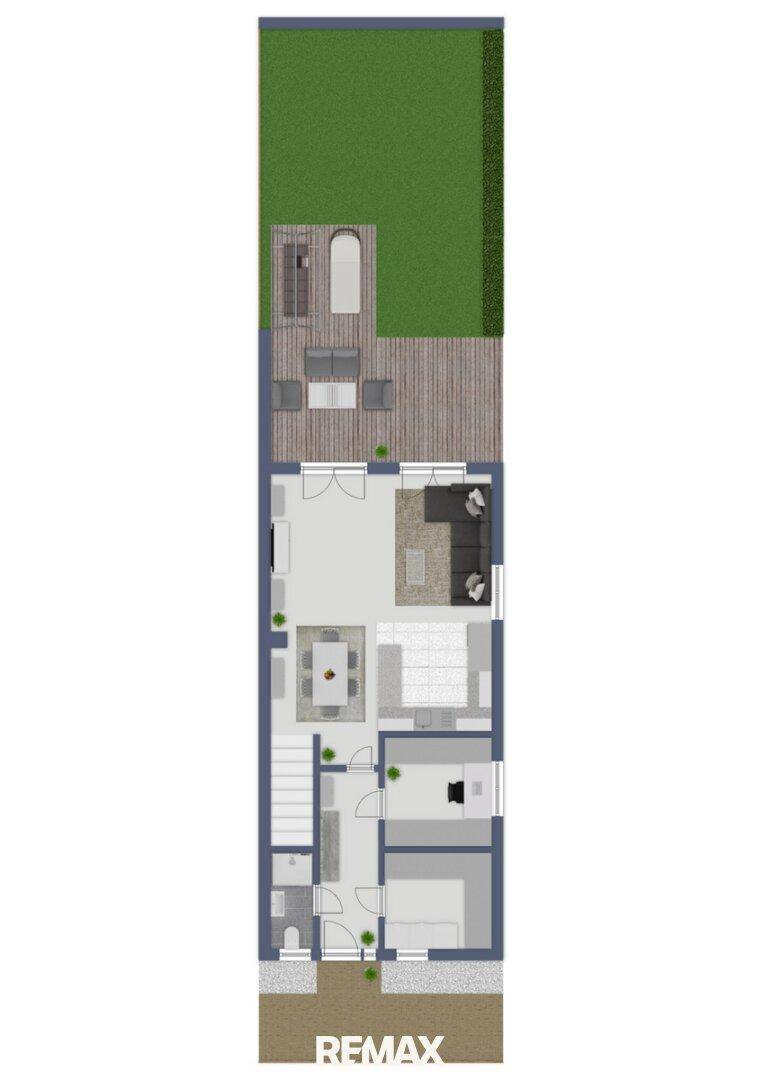 Grundriss des Erdgeschosses mit offenem Wohnbereich, Küche und Zugang zur Terrasse.