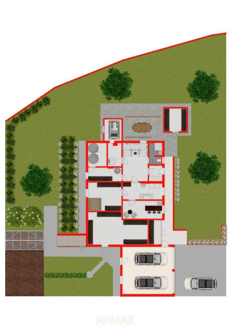 Grundriss des Erdgeschosses mit Garage, Garten und Terrasse.