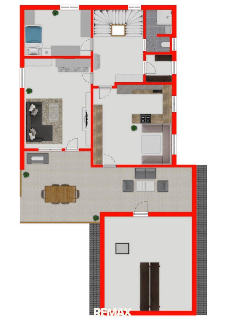 Grundriss des Obergeschosses mit Schlafzimmern, Bädern und Balkon.