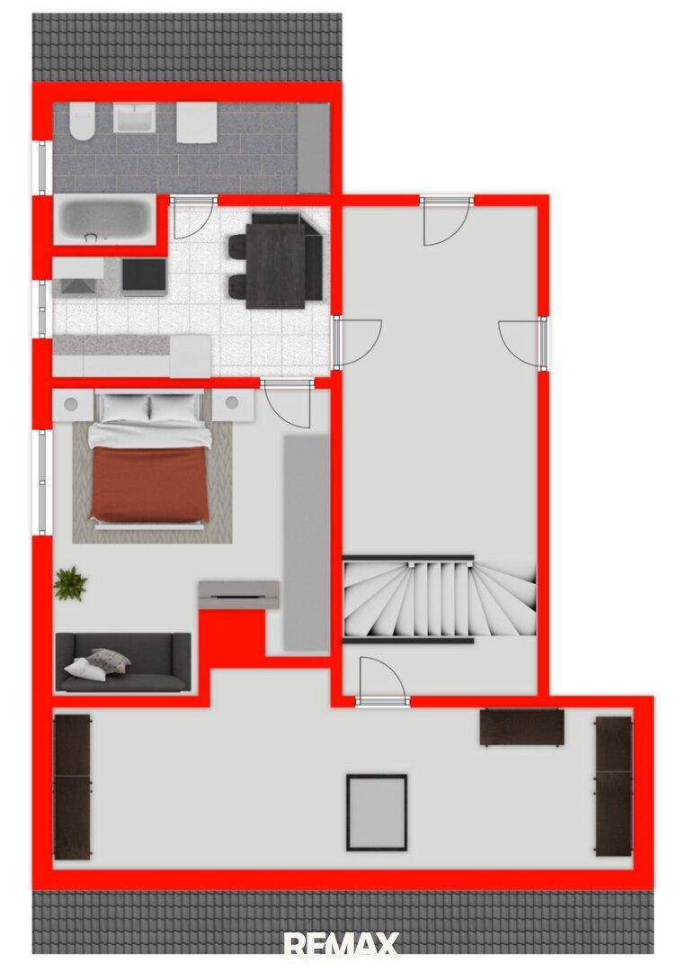 Grundrissplan mit Schlafzimmer, Badezimmer, Wohnbereich und einer Wendeltreppe.