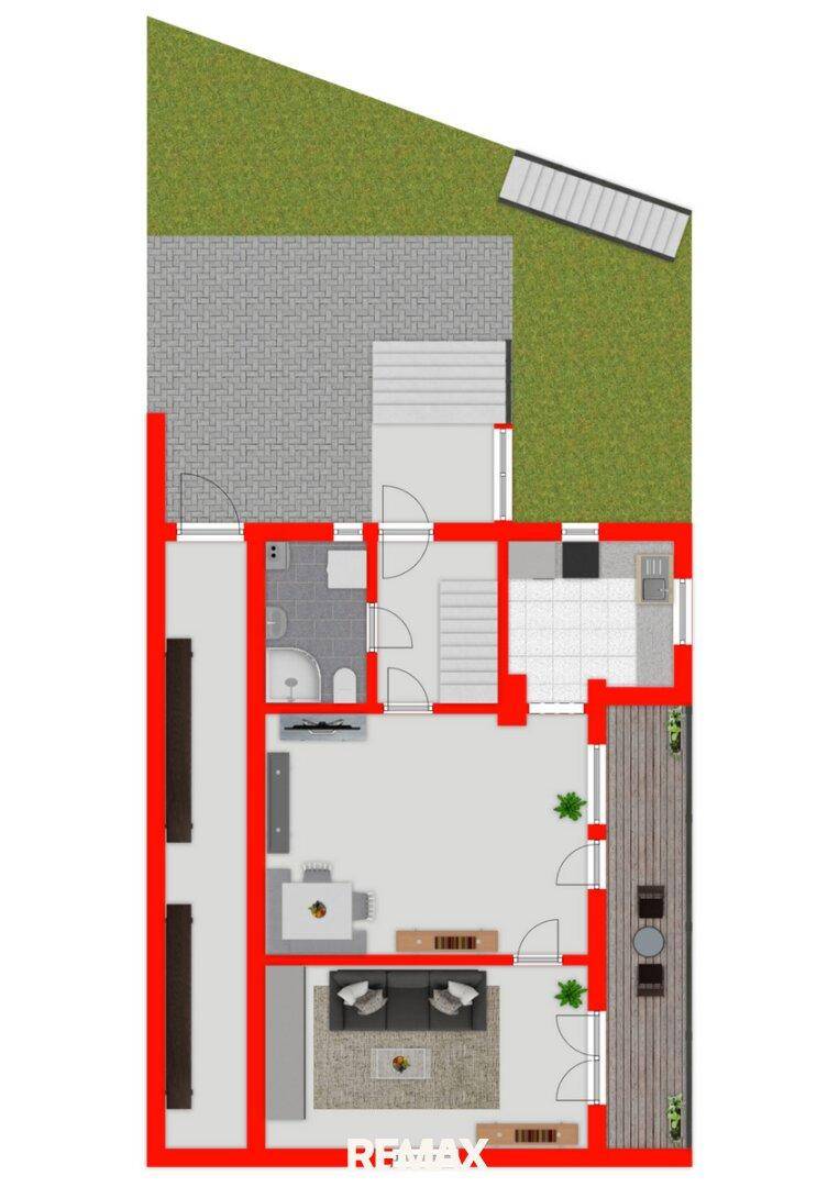 Grundriss des Erdgeschosses mit Wohnbereich, Küche, Bad und Terrasse.