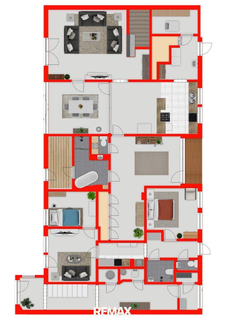 Detaillierter Grundriss mit mehreren Zimmern, Bädern und offenem Wohnbereich.