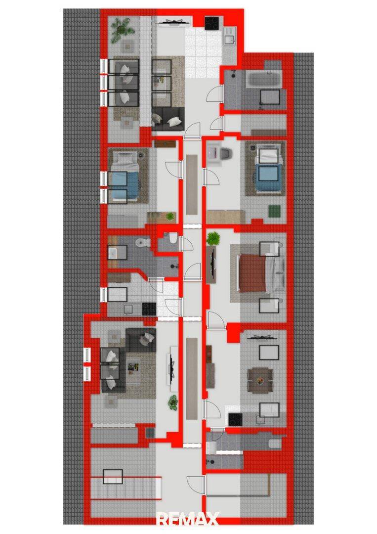 Grundriss des Obergeschosses mit mehreren Wohneinheiten und Bädern.
